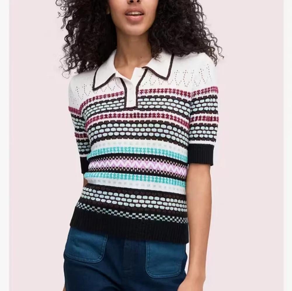 kate spade Multicolor Striped Knit Polo Sweater - White, Black, Pink, Teal, Navy